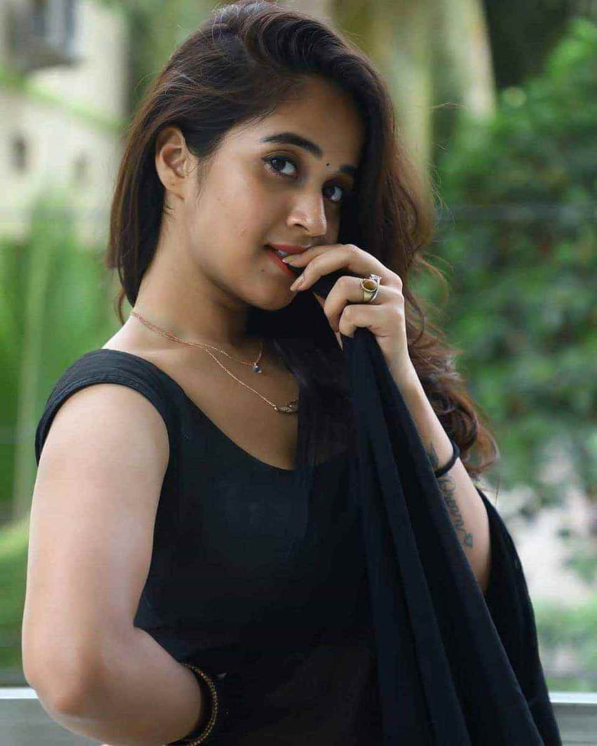 Beauty in black DeepthiSunaina looking hot in black saree HD phone wallpaper
