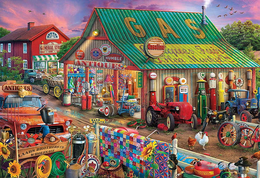 Antiquitätenmarkt, Gemälde, Geschäft, Straße, Menschen, Traktoren, Dorf HD-Hintergrundbild