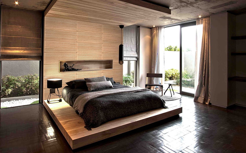 stylish interior design, bedroom, modern interior, loft style in the bedroom, idea for a bedroom, loft style HD wallpaper
