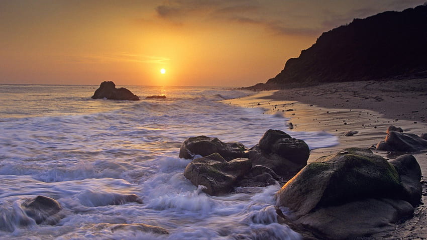 wonderful seashore at sunset, sea, rocks, sunset, surf, beach HD wallpaper