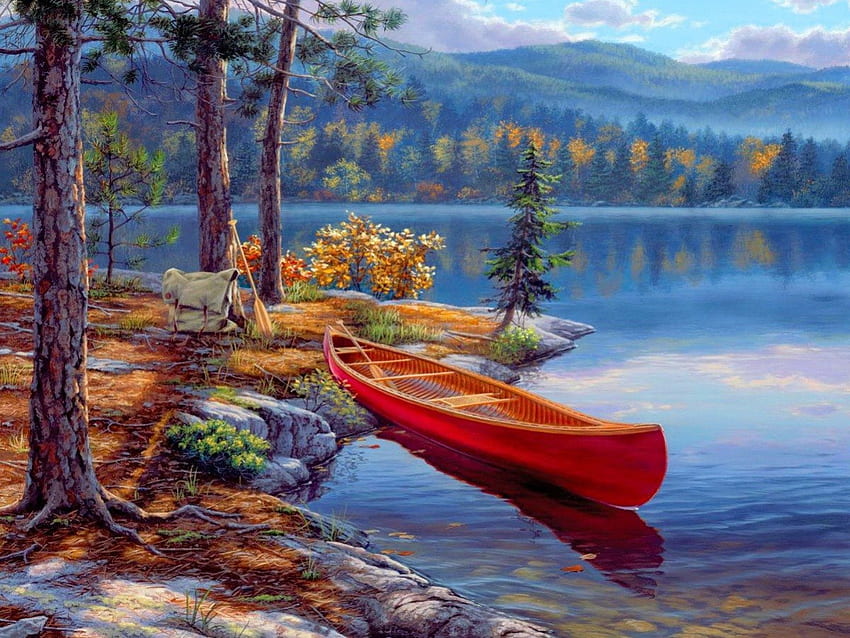 Tranquilidad, río, barco, lugar, pesca, pacífico, relajarse, serenidad, agradable, orilla, reflexión, pintura, árboles, picnic, arte, hermoso, lago, montaña, descanso, cielo, encantador, calma, bosque fondo de pantalla