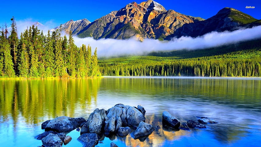 que lago y montaña, rocas, cielo azul, bosque, árboles, lago, montaña fondo de pantalla