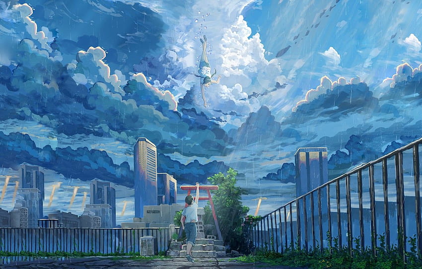 Girl, clouds, the city, guy, Hina Amano, Tenki no ko, Hodaka Morishima ...