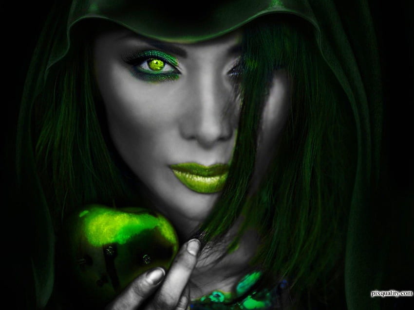 .Magic Green Witch., coperto, nero, veleno, magica strega verde, fascino, signora, emo, labbra, trucco, umore, mela verde, occhi, crudele, ragazza, bella, donna, fantasia, viso Sfondo HD