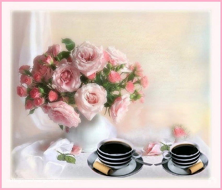 Przyjdź do kawy!, różowe róże, filiżanki, kawa, martwa natura Tapeta HD