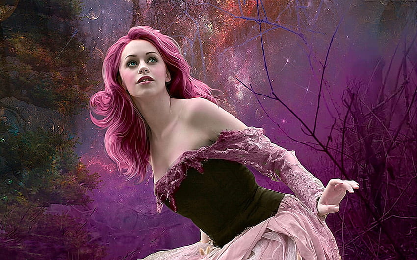 Linda garota fantasia em rosa, rosa, garota fantasia, linda, sonhadora, cabelo rosa, adorável papel de parede HD