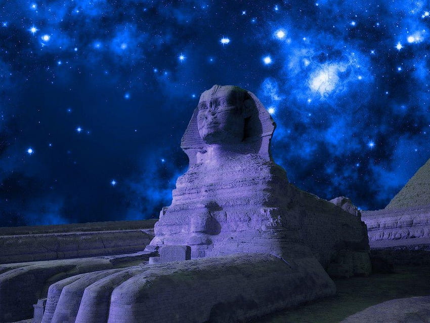 ON A CLEAR NIGHT, icons, sphynx, artworks, egypt, stars, statues, tourism, landmarks, desert, sky, moons HD wallpaper