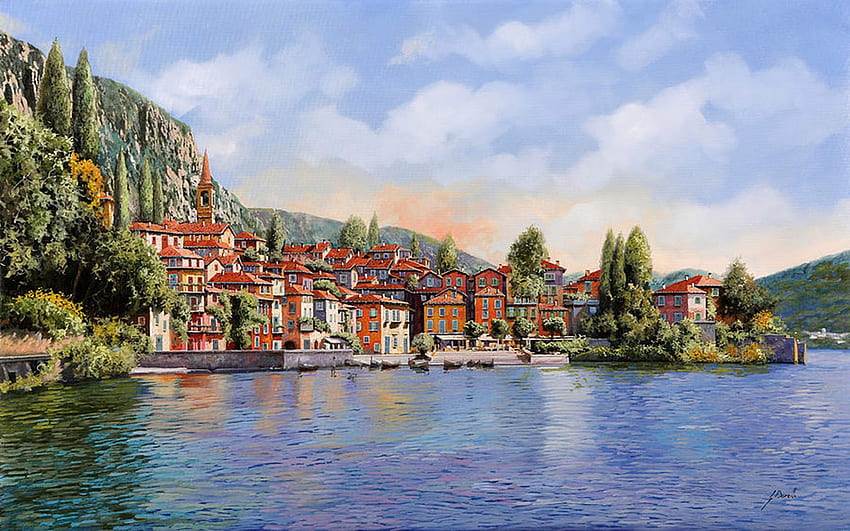 Bellagio, Lake Como, painting, sky, italy, houses, village HD wallpaper