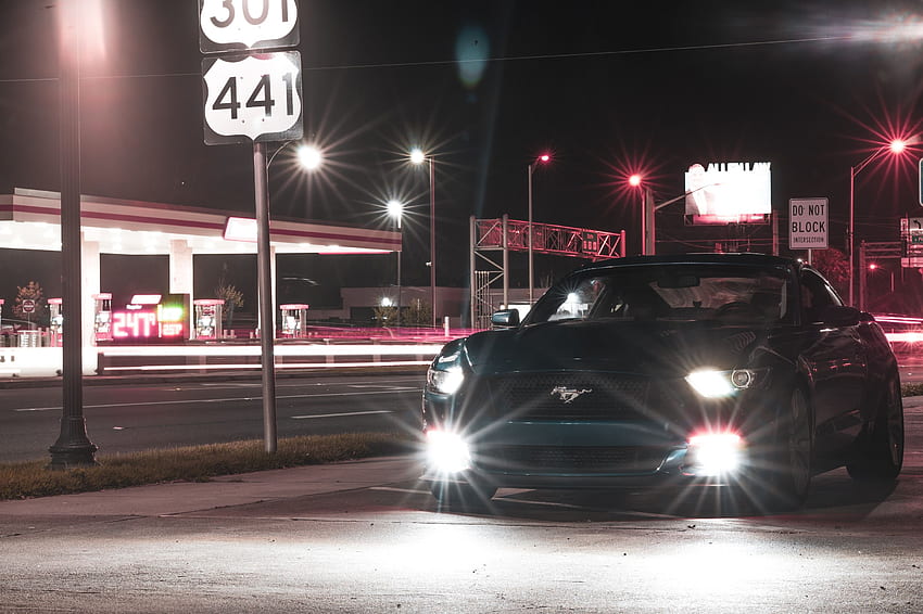 Mustang, Cars, Lights, Shine, Light, Road, Car, Machine, Headlights HD wallpaper