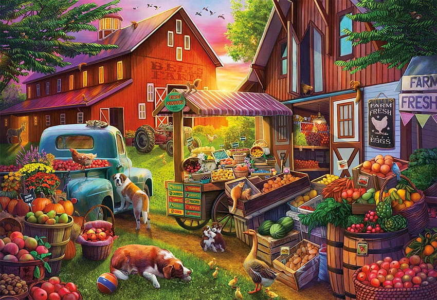 Bell's Farm, pies, stodoła, samochód, dom, owoce, dynie, dzieło sztuki, jabłka, , podwórko, kwiaty Tapeta HD