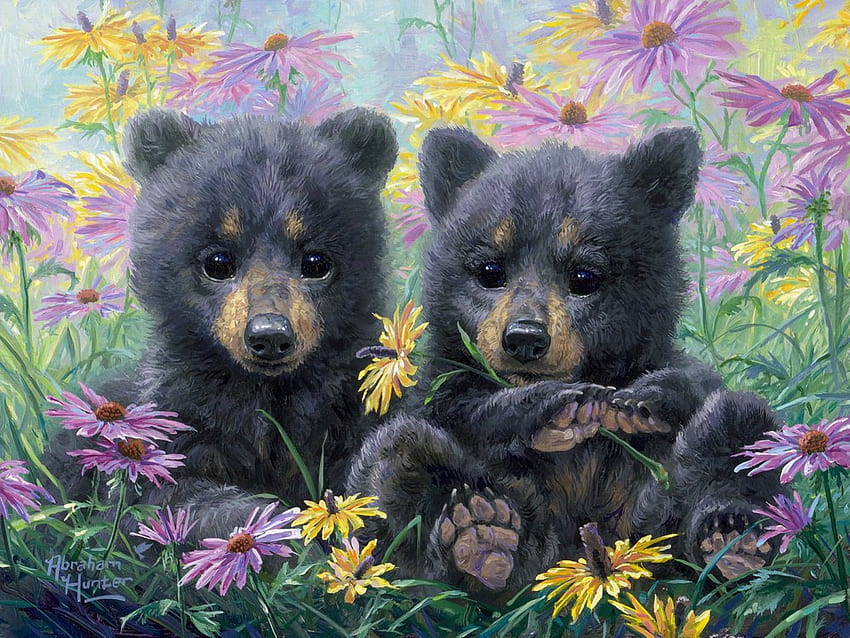 Flower Children, artwork, bears, painting, blossoms, flowers, cubs HD wallpaper
