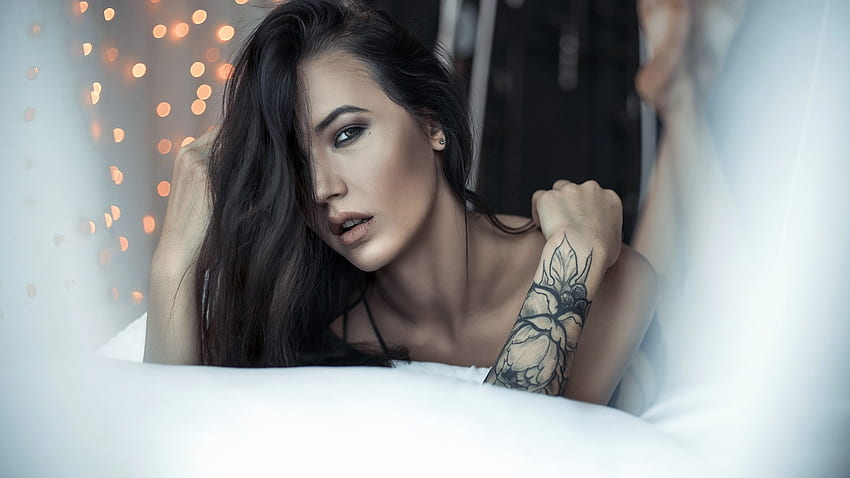 Unknown Model, looking at camera, , bare shoulders, long hair, portrait, lips, mouth, brunette, gorgeous, gray eyes, girl, beautiful, depth of field, close up, woman, lying on front, face, Model, hair in face, open mouth HD wallpaper