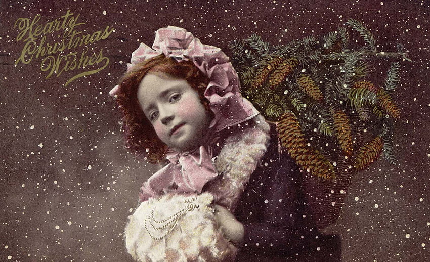 Antique Christmas Card, little girl, pink, postcard, muff, greetings HD wallpaper