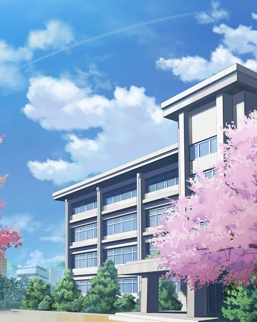 Anime School, Building, Sakura Blossom, Clouds HD phone wallpaper