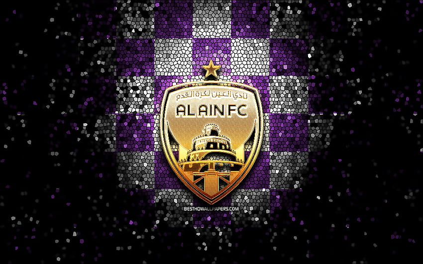 Al Ain FC, logo gemerlap, Liga Profesional Saudi, latar belakang kotak-kotak putih ungu, sepak bola, klub sepak bola saudi, logo Al-Ain, Al-Ain, seni mosaik, sepak bola, Al-Ain FC Wallpaper HD