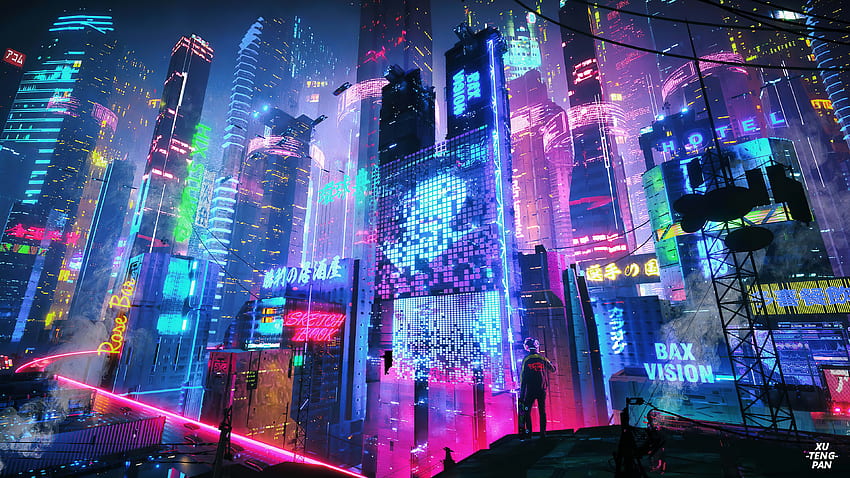 Miasto autorstwa Xuteng Pan []. sztuka, Cyberpunkowe miasto, Neon, Cyberpunkowy pejzaż miejski Tapeta HD