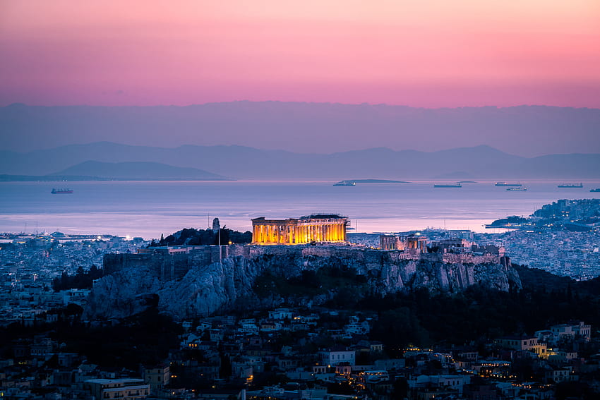 도시, 일몰, 바다, 건축물, 그리스, 아테네, 아크로폴리스 HD 월페이퍼