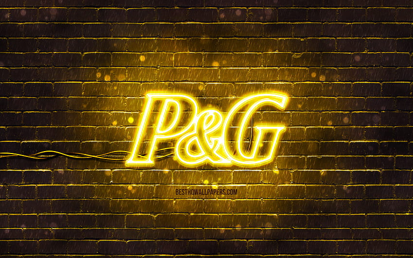 Logo giallo Procter and Gamble, muro di mattoni giallo, logo Procter and Gamble, marchi, logo al neon Procter and Gamble, Procter and Gamble Sfondo HD