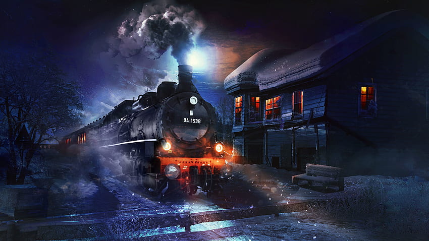 Art, Smoke, Night, Train HD wallpaper