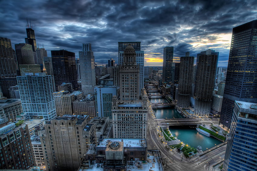Miasta, rzeki, mosty, budynek, drapacze chmur, r, Chicago Tapeta HD