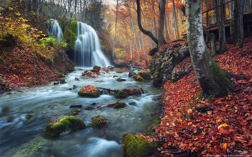 Waterfall _Silver Stream, 水, 美しさ, , 秋, 風景, クリミア, ウクライナ, 銀の流れ, 滝, 秋, 木, , 自然 高画質の壁紙