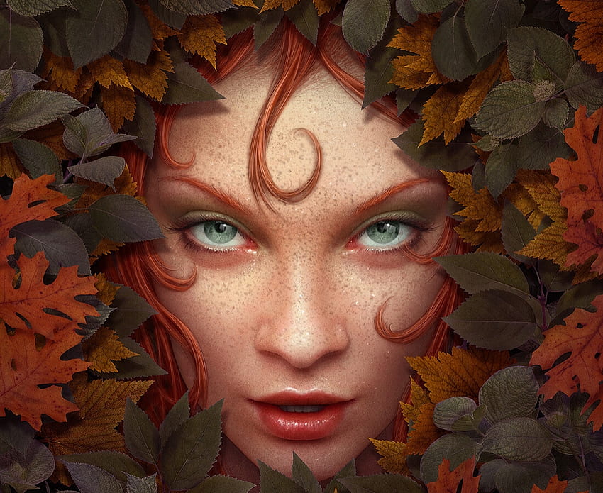 Autumn goddess, frumusete, art, gorgeous, eyes, girl, goddess, superb, kerem beyit, brown, fantasy, green, autumn, face, luminos, leaf, toamna HD wallpaper