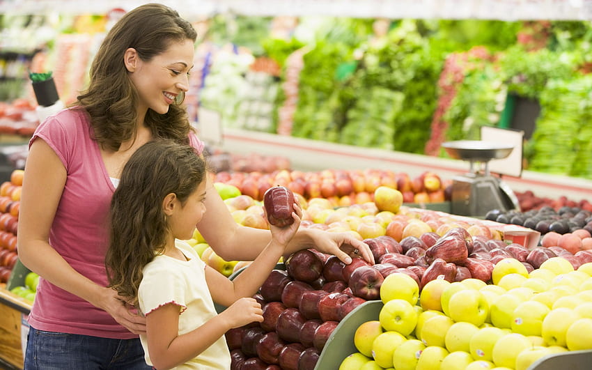 mother, daughter, fruit, apples, Supermarket HD wallpaper