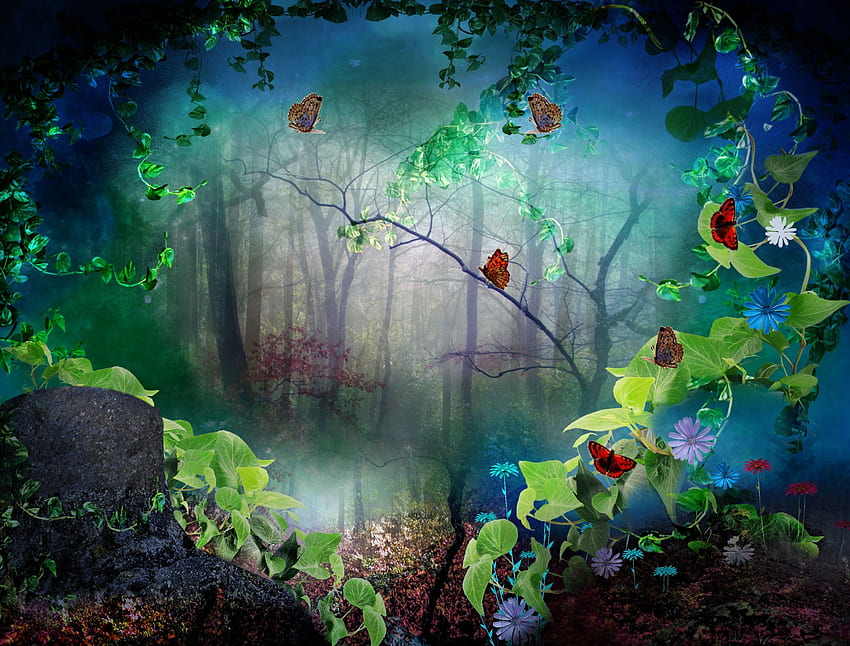 Schmetterlingswald. digitale Kunst 3D Phantasmagorienwald, gotischer Schmetterling HD-Hintergrundbild