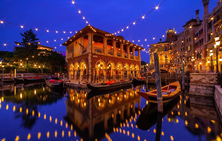 agua, reflexión, edificio, Barcos, Japón, Japón, Disneyland Tokio Japón fondo de pantalla