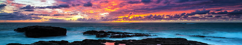 Zachód słońca nad oceanem, plaża 5760X1080 Tapeta HD