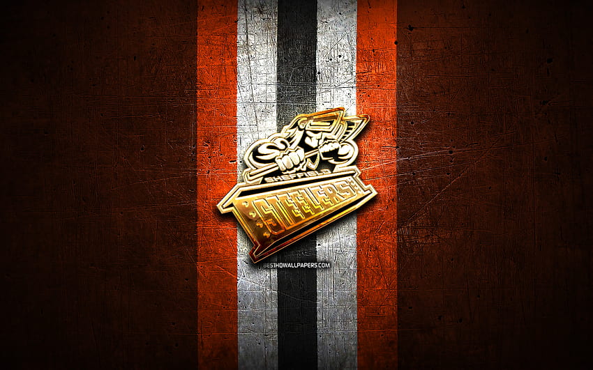 Sheffield Steelers, golden logo, Elite League, orange metal background, english hockey team, Sheffield Steelers logo, hockey HD wallpaper