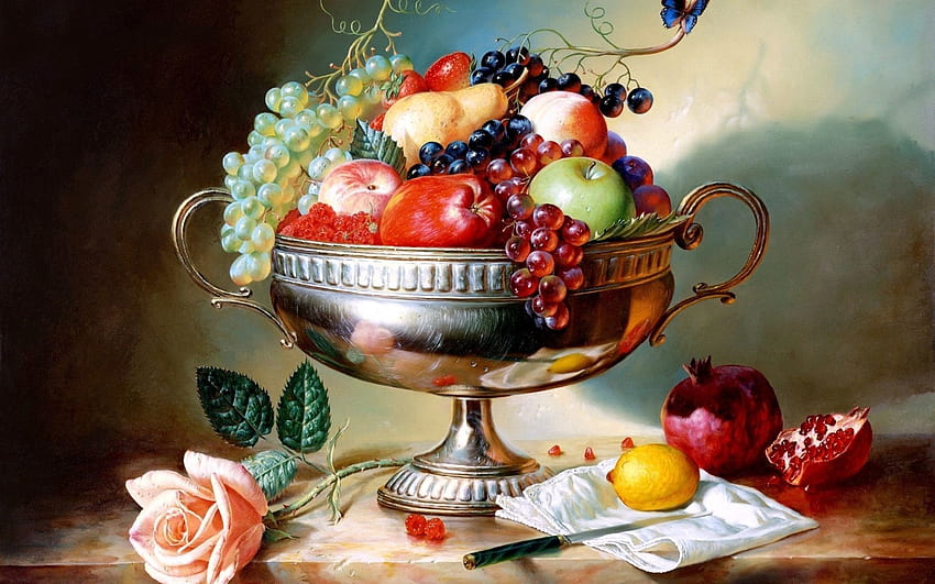 Food, Fruits, Apples, Grapes, Vase, Garnet, Pomegranate HD wallpaper