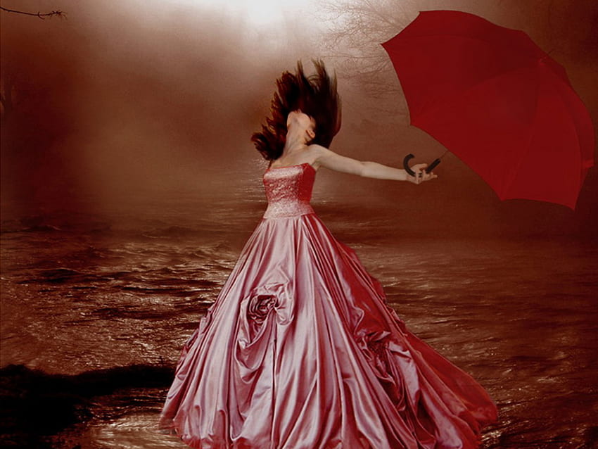 Under the rain, sea, umbrella, rain, fun, red dressed, girl, beach, woman, under, water, joy, ocean HD wallpaper