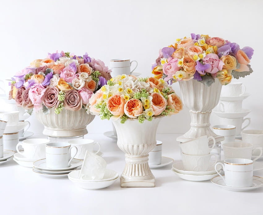 Blumen, Rosen, Narzissen, Sträuße, Ranunkeln, Ranunkeln, Vasen, Porzellan HD-Hintergrundbild