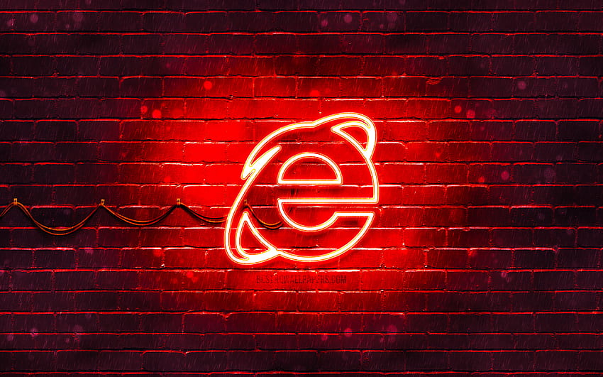 Internet Explorer czerwone logo, czerwona cegła, logo Internet Explorer, marki, neonowe logo Internet Explorer, Internet Explorer Tapeta HD