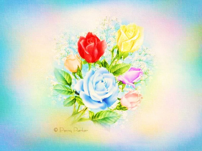 Kwiecisty, niebieski, dzieło sztuki, róże, kolor żółty, kwiaty, czerwień, kwiaty Tapeta HD
