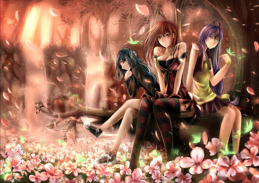 Łąka kwiatowa, łąka, dziewczyny, kwiaty, anime Tapeta HD