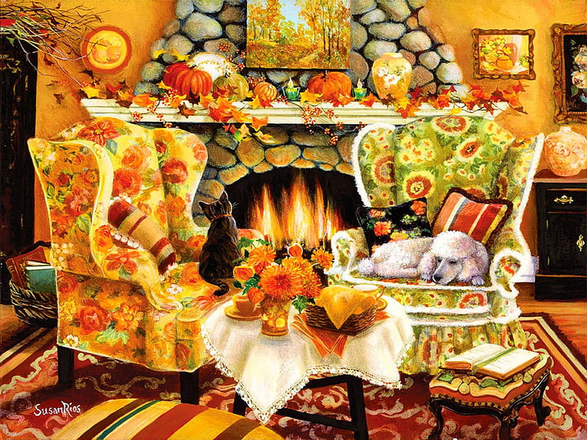 The Warmth of Home, outono, chaminé, gato, flores, fogo, poltronas, cachorro, abóboras, folhas, pintura papel de parede HD