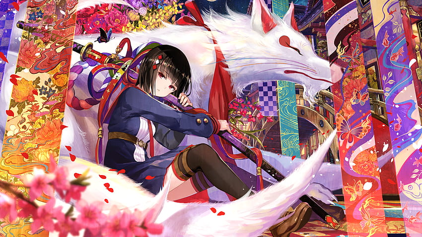 Anime Girl, Shrine, Katana, White Fox, Colorful, Moon, Night, Black Hair, Red Eyes for iMac 27 inch HD wallpaper
