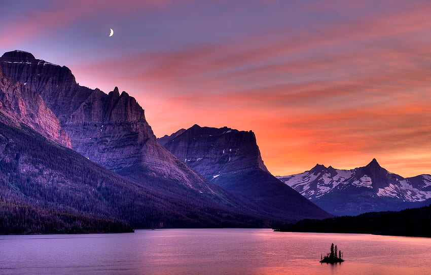 St. Mary Lake, Glacier NP, Montana, nuvens, céu, montanhas, pôr do sol, eua papel de parede HD