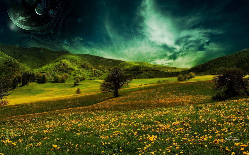 Абстракт, природа, трева, небе, лято, поляна, поляна HD тапет