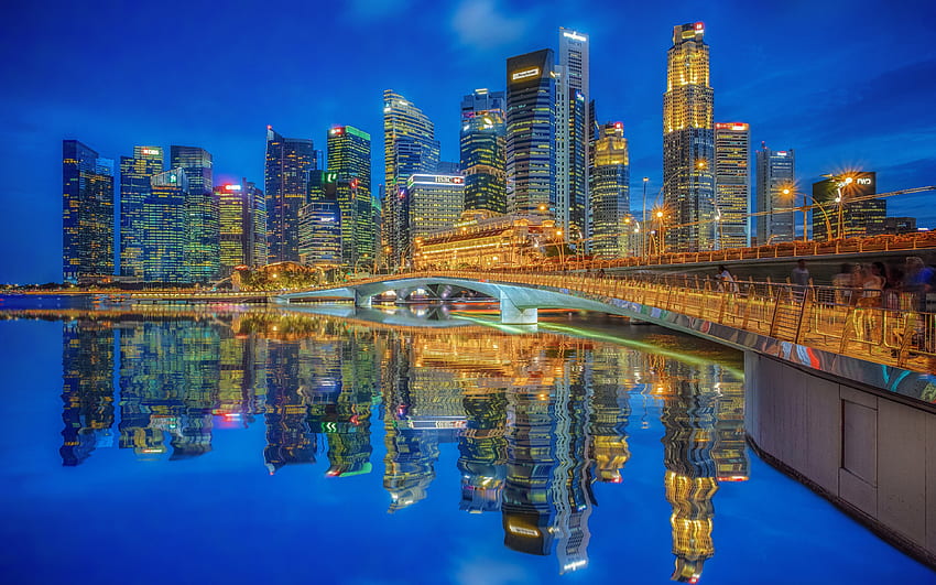 Сингапур, небостъргачи, градски пейзажи, модерни сгради, Азия, нощни пейзажи, азиатски градове, Сингапур през нощта HD тапет