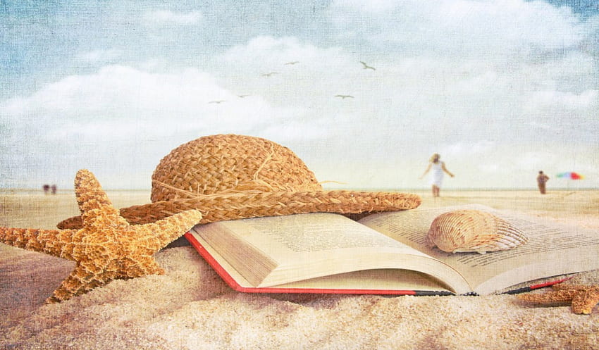 Sahil Natürmort, denizyıldızı, kum, plaj, natürmort, kitap, soyut, hayat, bulutlar, gökyüzü, hareketsiz, şapka HD duvar kağıdı