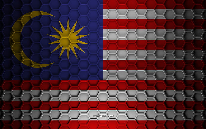 Знаме на Малайзия, 3d текстура на шестоъгълници, Малайзия, 3d текстура, 3d флаг на Малайзия, метална текстура, флаг на Малайзия HD тапет