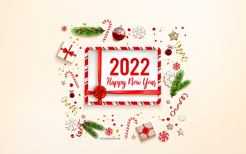 Честита Нова Година 2022, , кутии с подаръци, Нова година, концепции за 2022, поздравителна картичка за 2022, Нова година 2022, коледна украса, Нова година 2022, фон на 2022 HD тапет