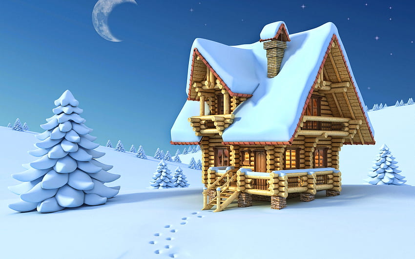 дървена колиба, 3D зимен пейзаж, снежни преспи, приказен пейзаж, 3D изкуство, зима, абстрактни пейзажи HD тапет