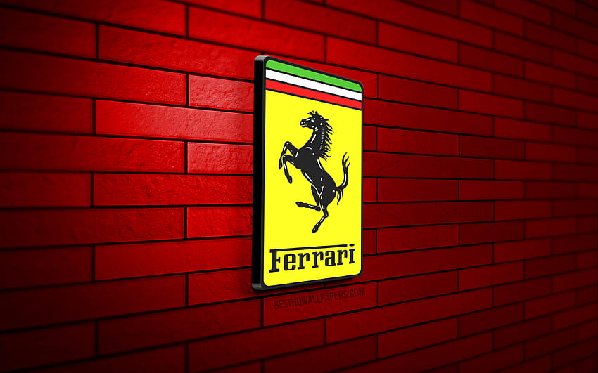 3D лого на Ferrari, червена тухлена стена, творчески, марки автомобили, лого на Ferrari, 3D изкуство, Ferrari HD тапет