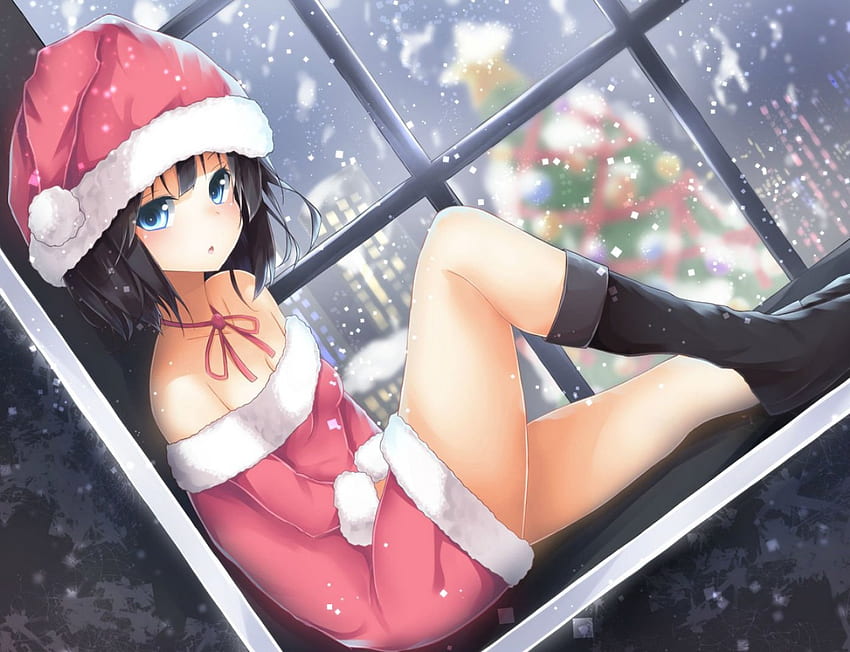 ☃|Weihnachtslichter|☃, Roter Hut, Erstaunlich, Baum, Schön, Anime, Prächtig, Niedlich, Wunderbar, Schwarze Schuhe, Rotes Kleid, Mädchen, Winter, Süß, Weihnachten, Schnee HD-Hintergrundbild