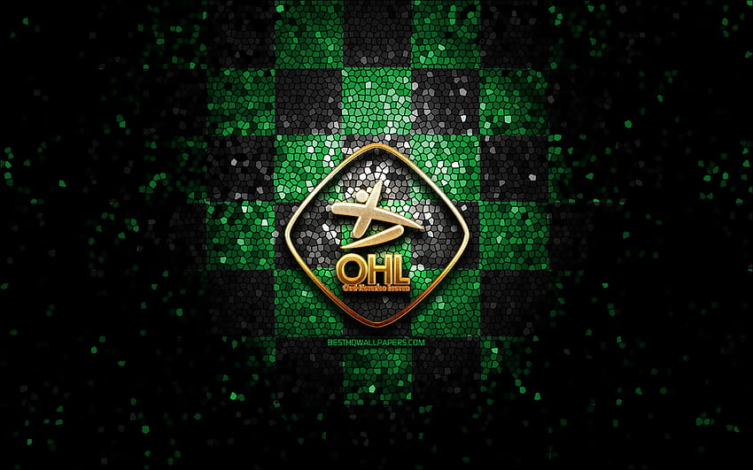OH Leuven, glitter logo, Jupiler Pro League, green black checkered background, soccer, belgian football club, OH Leuven logo, mosaic art, football, OH Leuven FC HD wallpaper