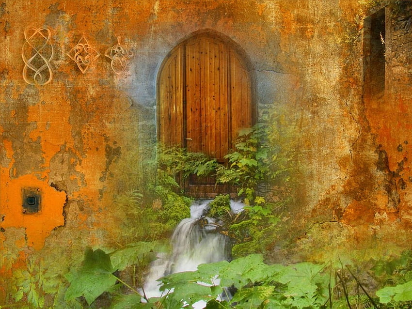 Waterfall Doorway, laranja, água, flora papel de parede HD